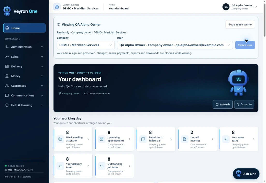 Genuine Veyron One dashboard with fictional enquiries, work and tasks