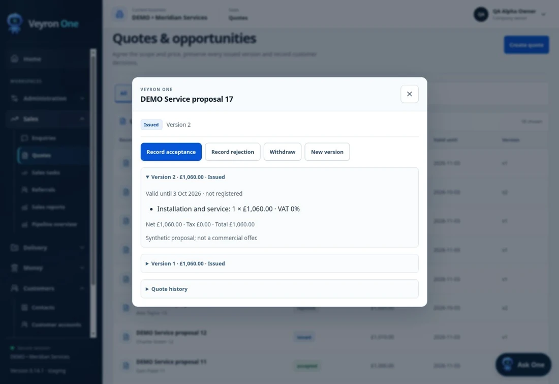 Veyron One quote workspace containing a synthetic demonstration quote